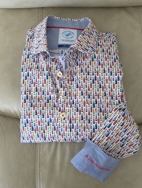 A Fish Named Fred White Printed Bottle-Pattern Men's Cotton Shirt Size M